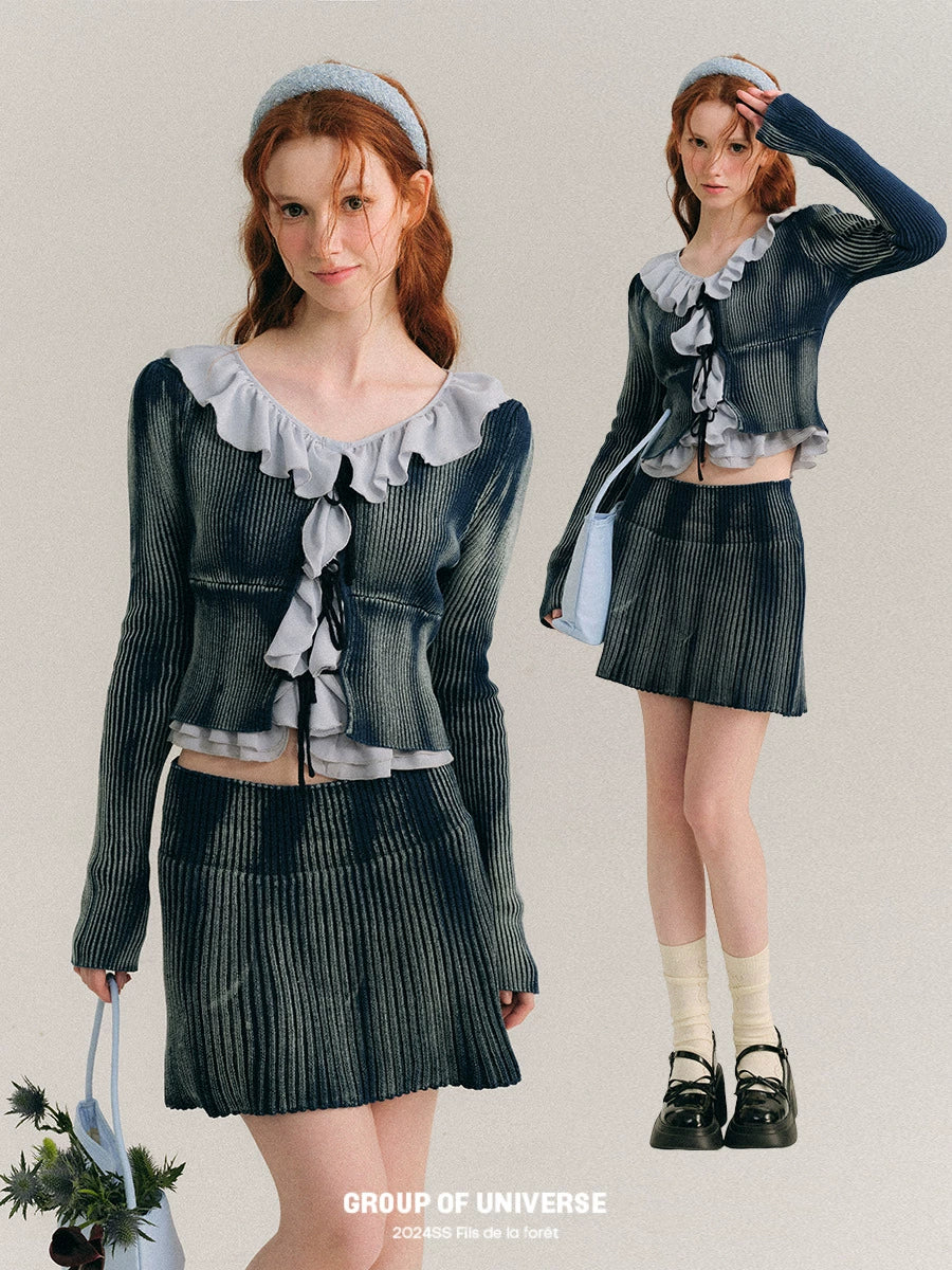 Frill Knit Cardigan & Short Rib Knit Skirt Setup NA5923