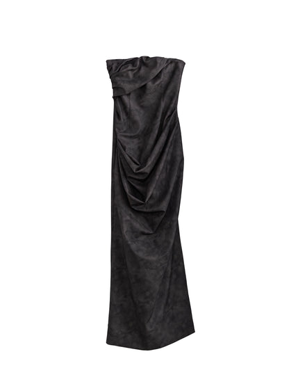 Long Slit Smoke Ink Stained PU Leather Halter Strap Neck Dress NA5203