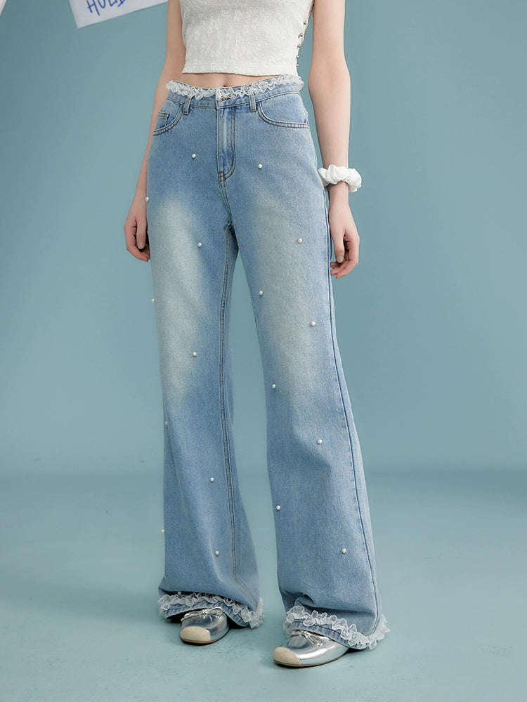 Pearl Lace Patchwork Wide-Leg Straight Denim Jeans NA3349