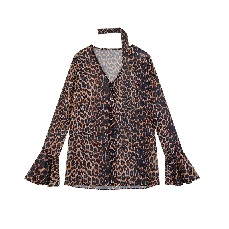 Leopard Pattern Chiffon V-neck Flare Sleeves Shirt NA3593