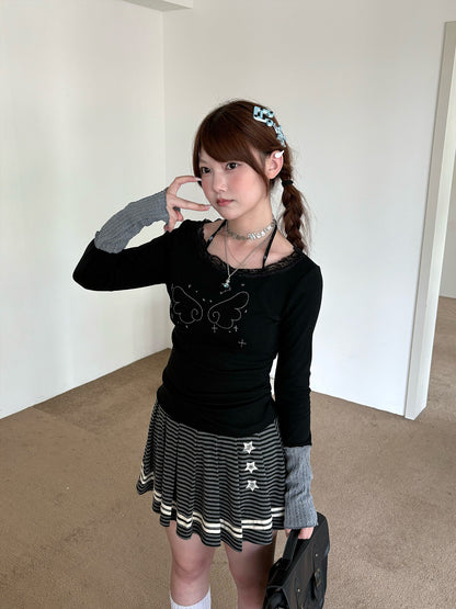 Star Print Pleated Striped Short Skirt NA9276