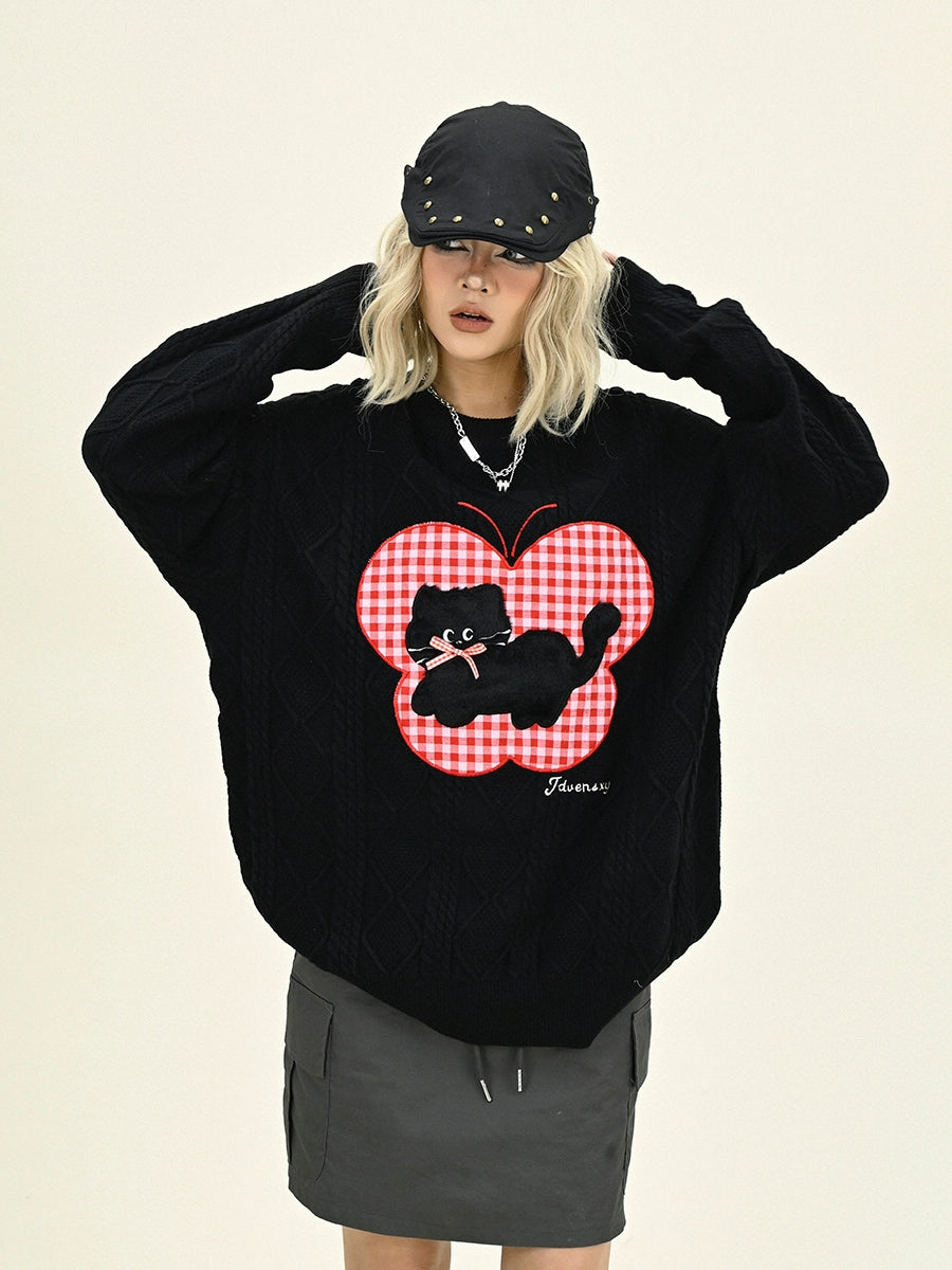 Plaid Cat Print Oversize Knit Sweater NA6472