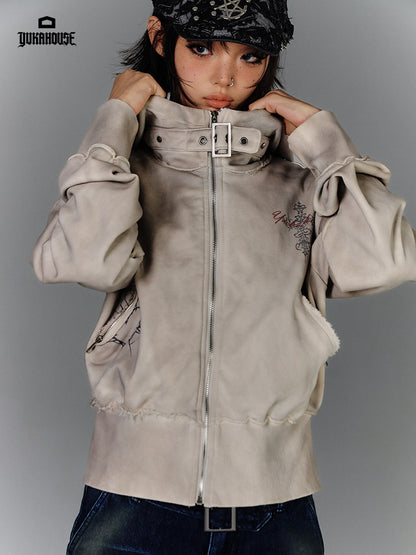 Washed Damage Oversize Zipper Hoodie NA8877