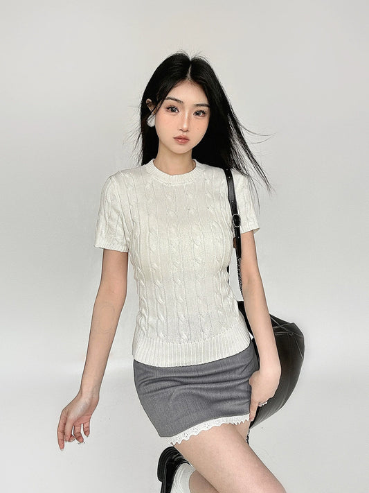 Round Neck Twists Short Sleeve Knit Sweater NA4545