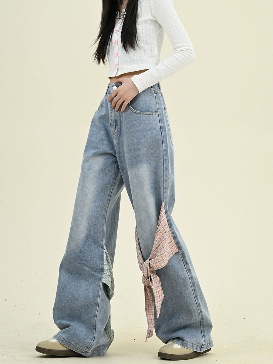 Bow Tie-Waist Wide-Leg Denim Jeans NA6475