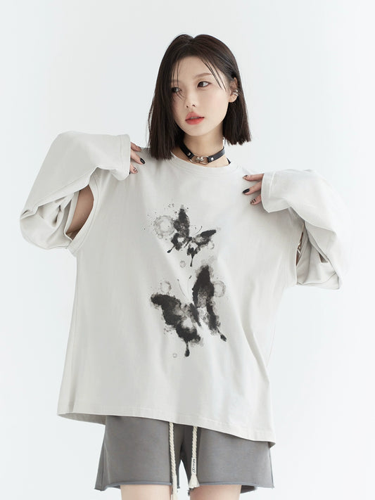 Butterfly Print Oversize Long-Sleeve Top NA2747