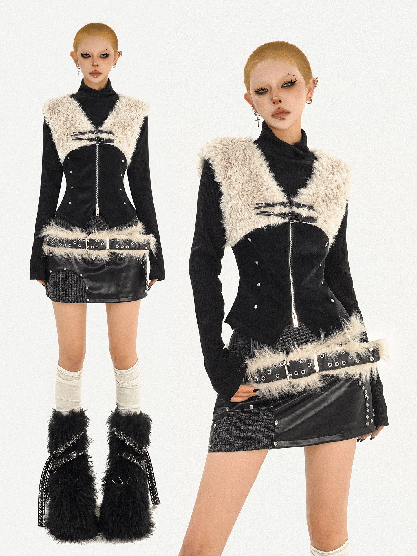 Fake Fur Patchwork V-Neck Slim PU Leather Vest & Ribbed High-Neck Knit Sweater NA8629