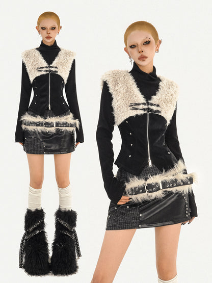 Fake Fur Patchwork V-Neck Slim PU Leather Vest & Ribbed High-Neck Knit Sweater NA8629