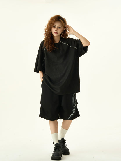 Double Zipper Design Oversize Suede Short Sleeve T-shirt NA3065