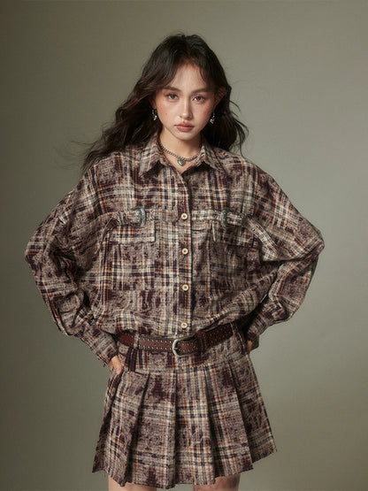 Checkered Long Sleeve Shirt & Half Skirt & Dress Setup NA5451