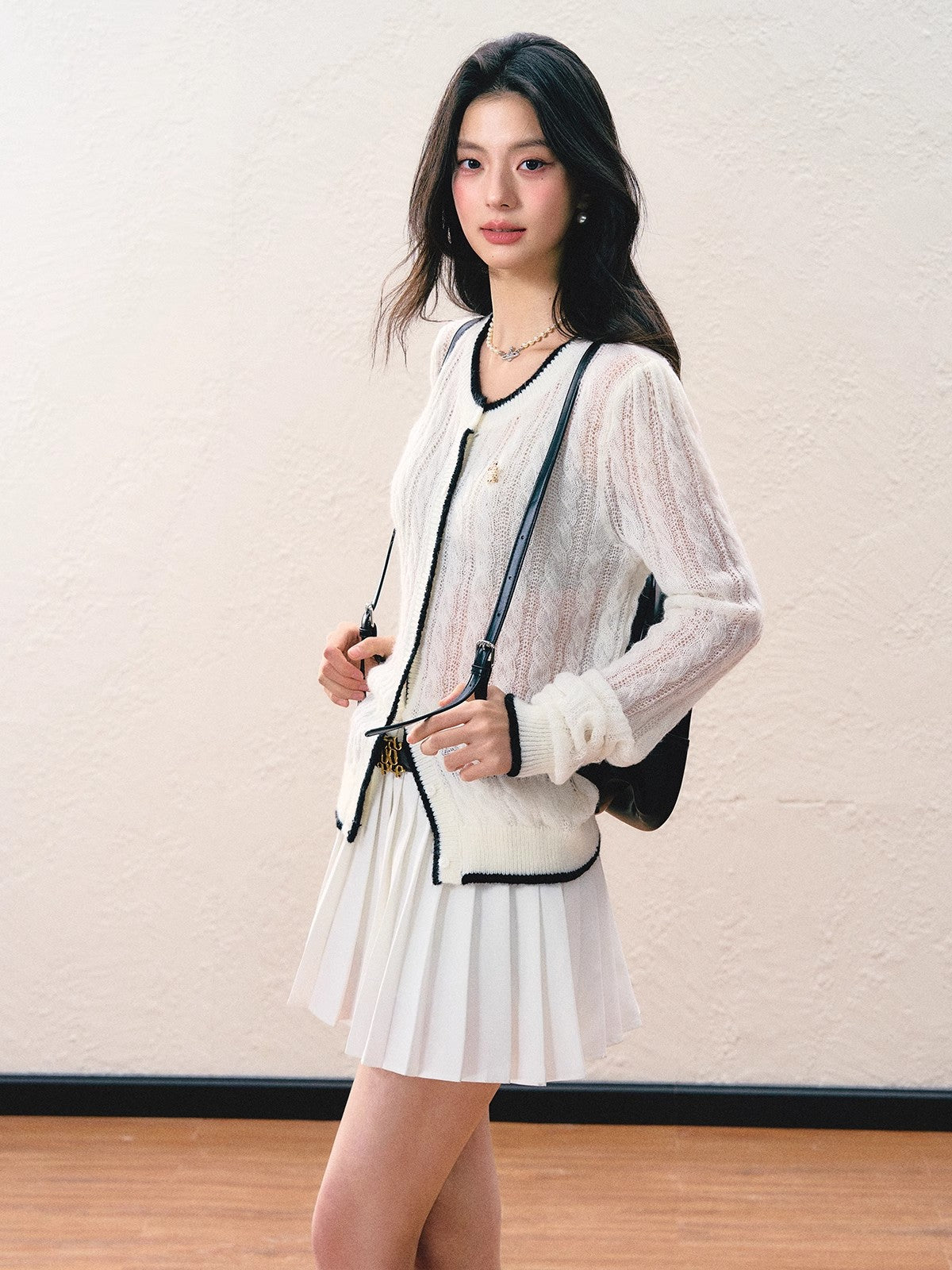 Sheer Knit Cardigan & Pleated Short Skirt NA5797