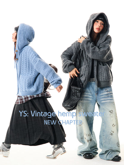 Hooded Button Oversize Cable Knit Cardigan NA9354