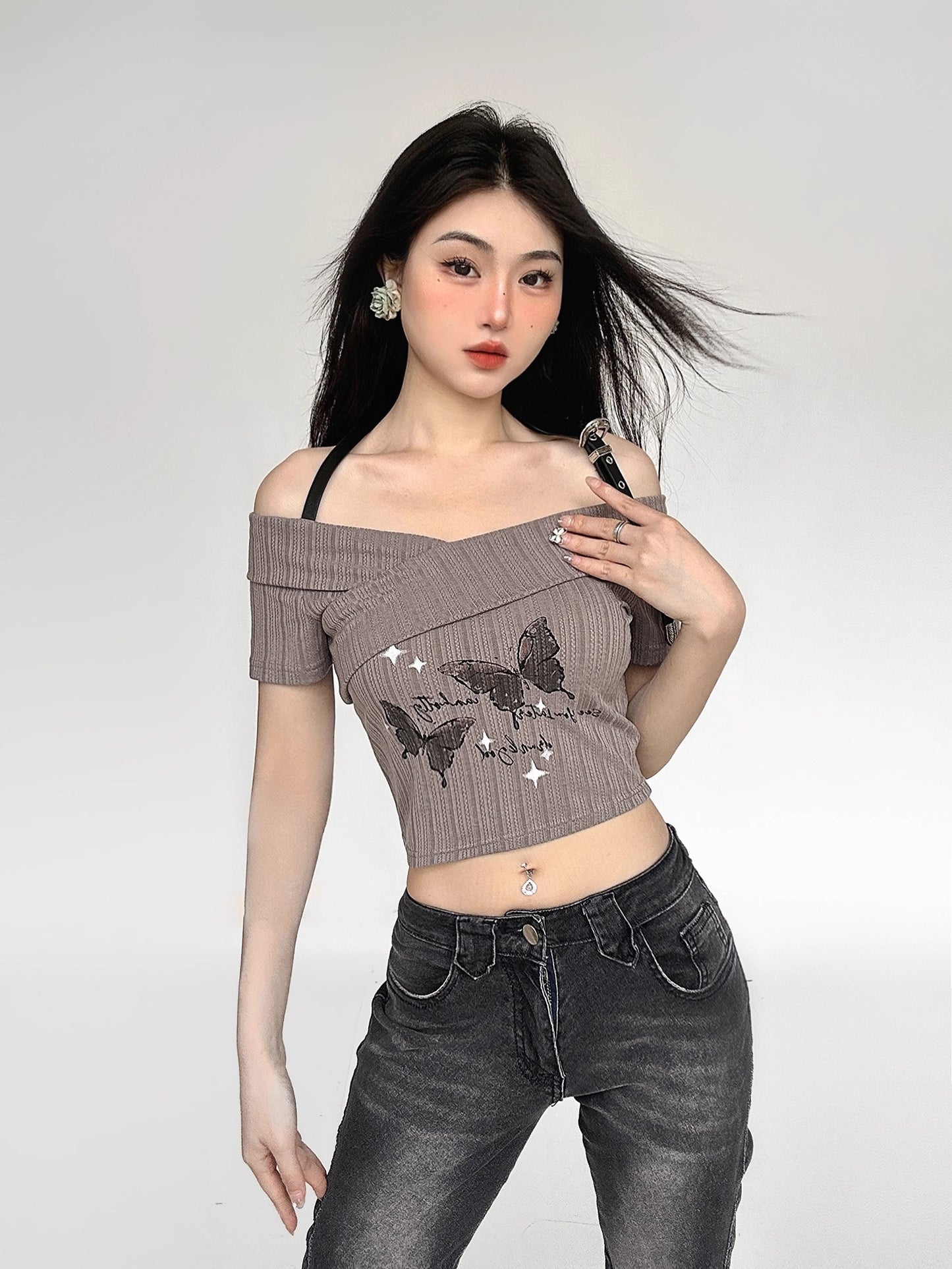 Butterfly Print Off Shoulder Slim Fit Short Sleeve T-Shirt NA4634