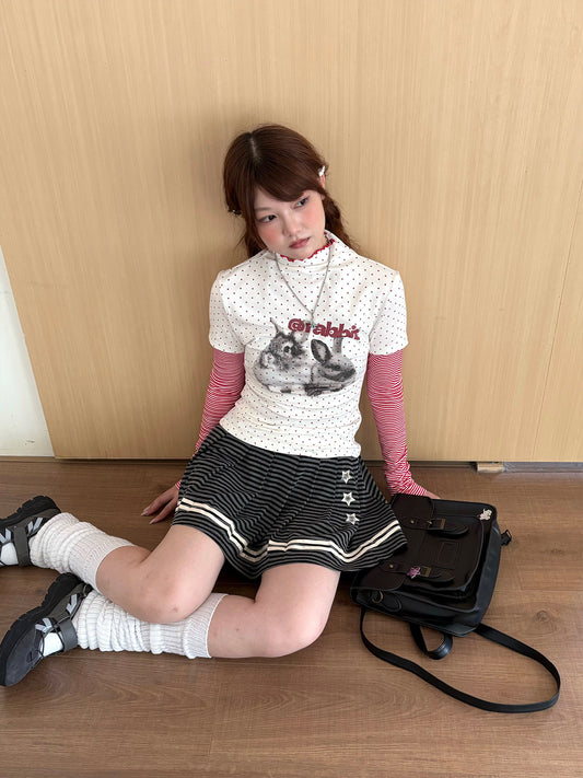 Rabbit Print Patchwork High-Neck Long Sleeve T-Shirt NA9286