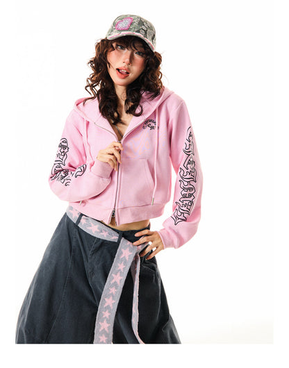 Gothic Logo Print Cropped Zipper Hoodie NA9310
