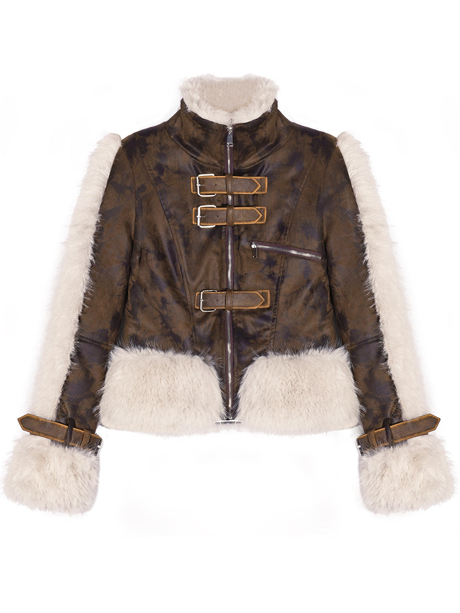 Heavy Craft Damage Fake Fur Collar PU Leather Short Jacket NA8611