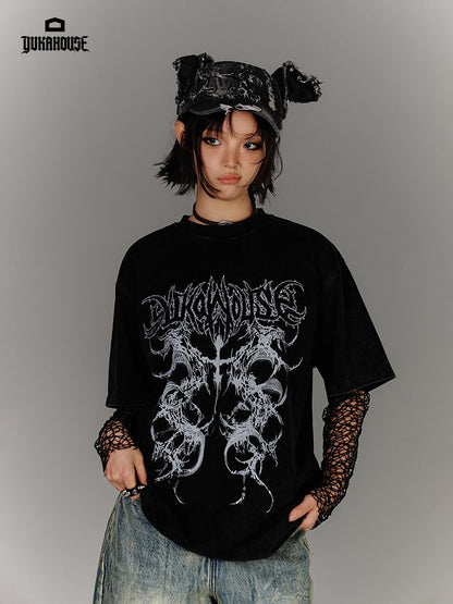 Washed Damage Oversize Short Sleeve T-Shirt & Spiderweb Mesh Long Sleeve Shirt NA8926
