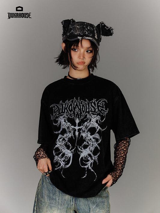 Washed Damage Oversize Short Sleeve T-Shirt & Spiderweb Mesh Long Sleeve Shirt NA8926