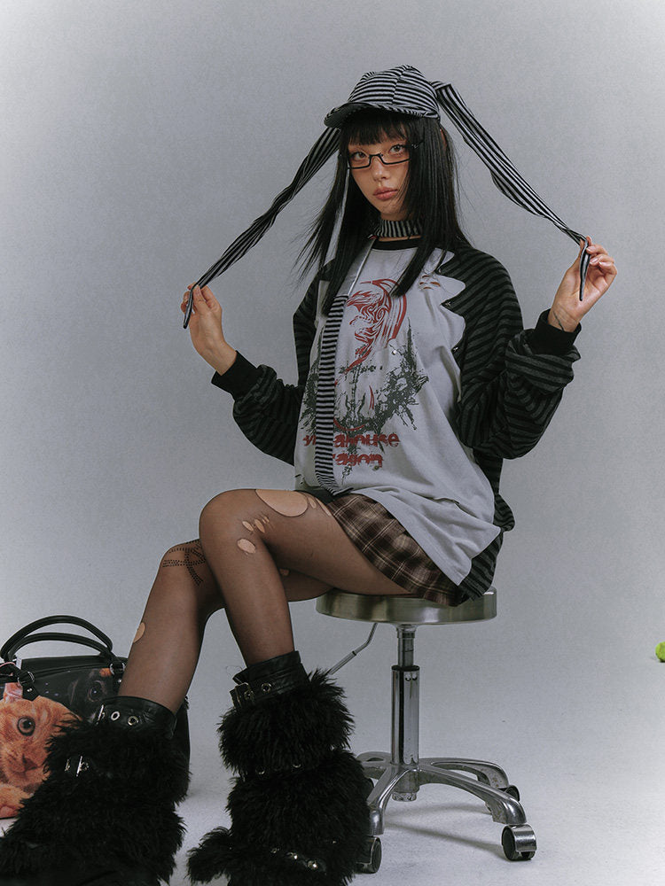 Raglan Stripe Damage Patchwork Long Sleeve T-Shirt NA8918