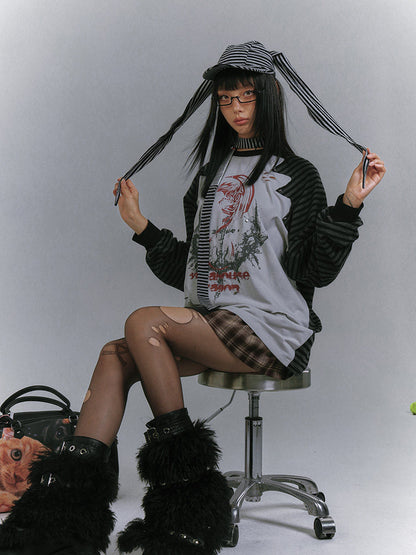 Raglan Stripe Damage Patchwork Long Sleeve T-Shirt NA8918