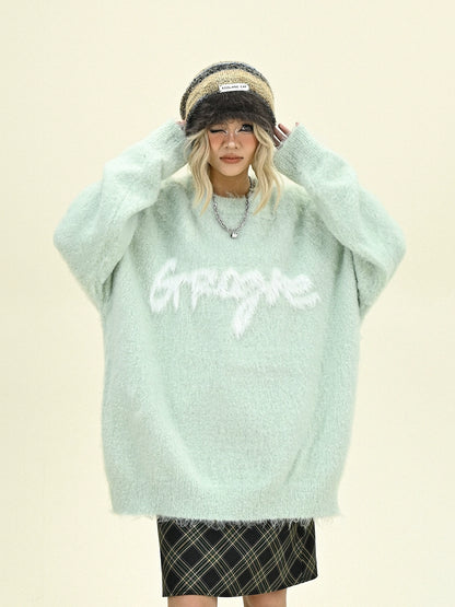 Oversize Round Neck Letter Knit Sweater NA6270