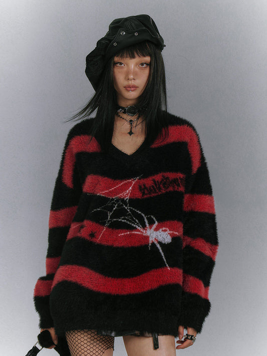 Mohair Spider Pattern Stripe Oversize V-Neck Knit Sweater NA8894