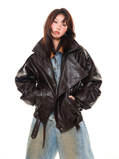Asymmetrical Stand Collar PU Leather Jacket NA9417