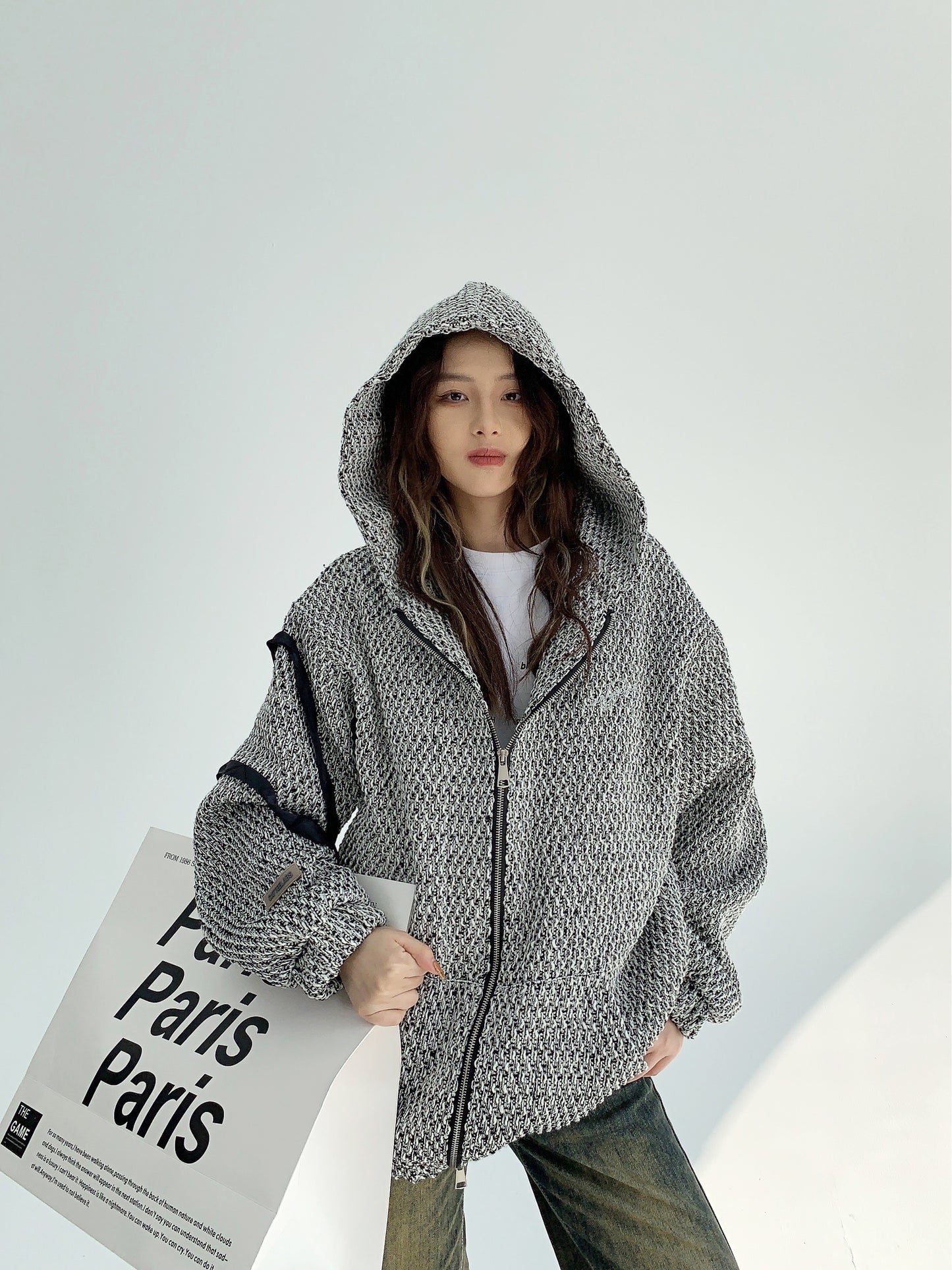 Oversized Zipper Hooded Knit Cardigan NA2847