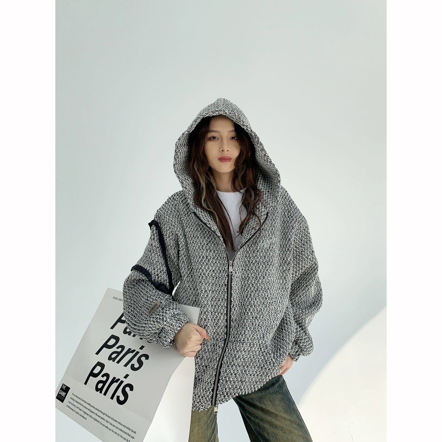 Oversized Zipper Hooded Knit Cardigan NA2847