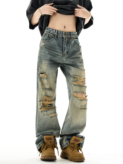 Yellow Mud Dyed Damaged Wide-Leg Straight Denim Jeans NA3128