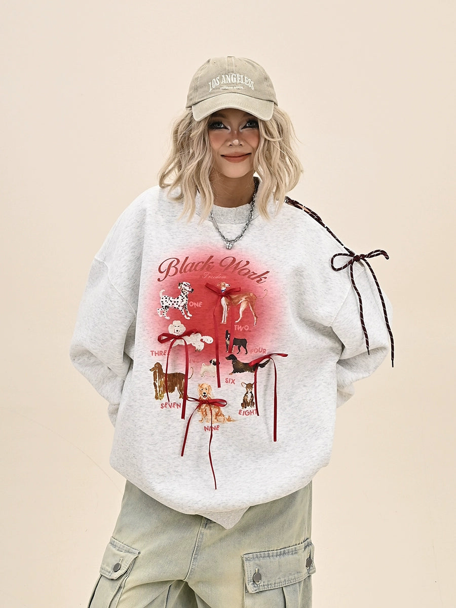 Bow And Dog Print Round Neck Sweatshirt NA6375