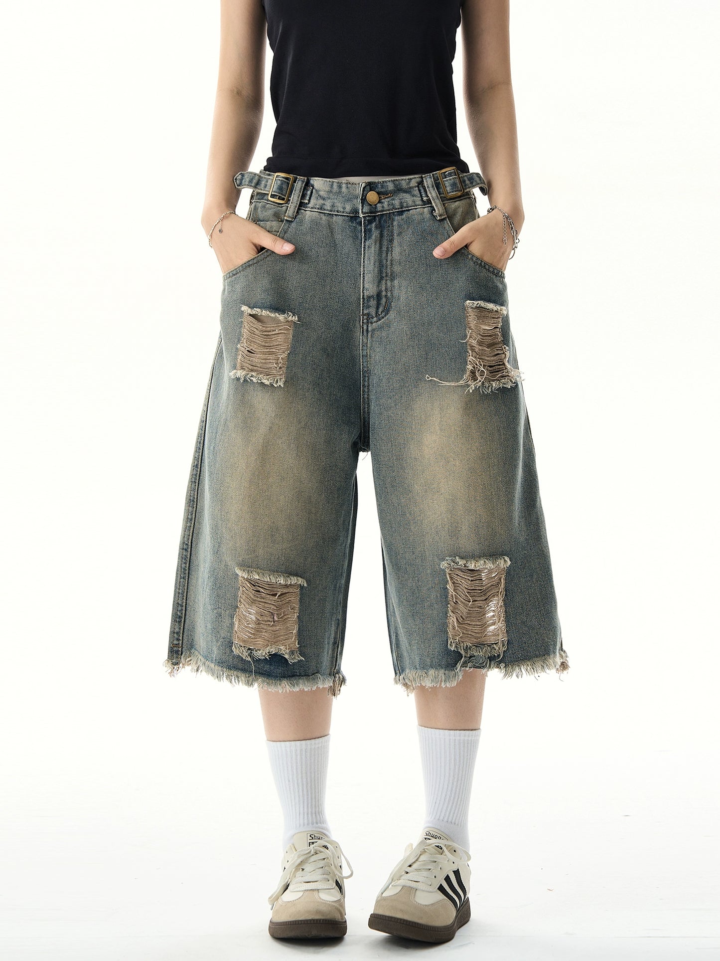 Damaged Wide Leg Denim Shorts NA3186