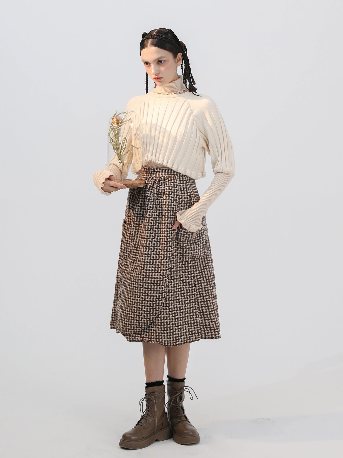 Plaid Wool Candy Sleeve Jacket & Half Skirt Setup NA5836