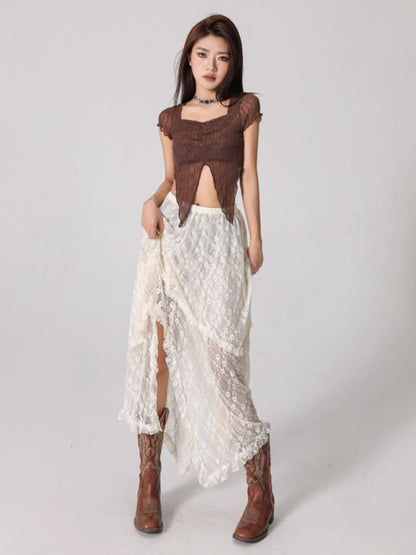 Lace Spliced Mid Length A-line Skirt NA4639