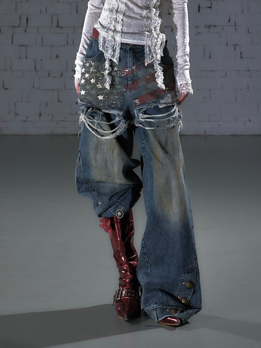 Layered Damage Print Wide Leg Denim Jeans NA8988