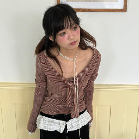 Striped Lace Trim Tie Detail Long Sleeve T-Shirt NA9285