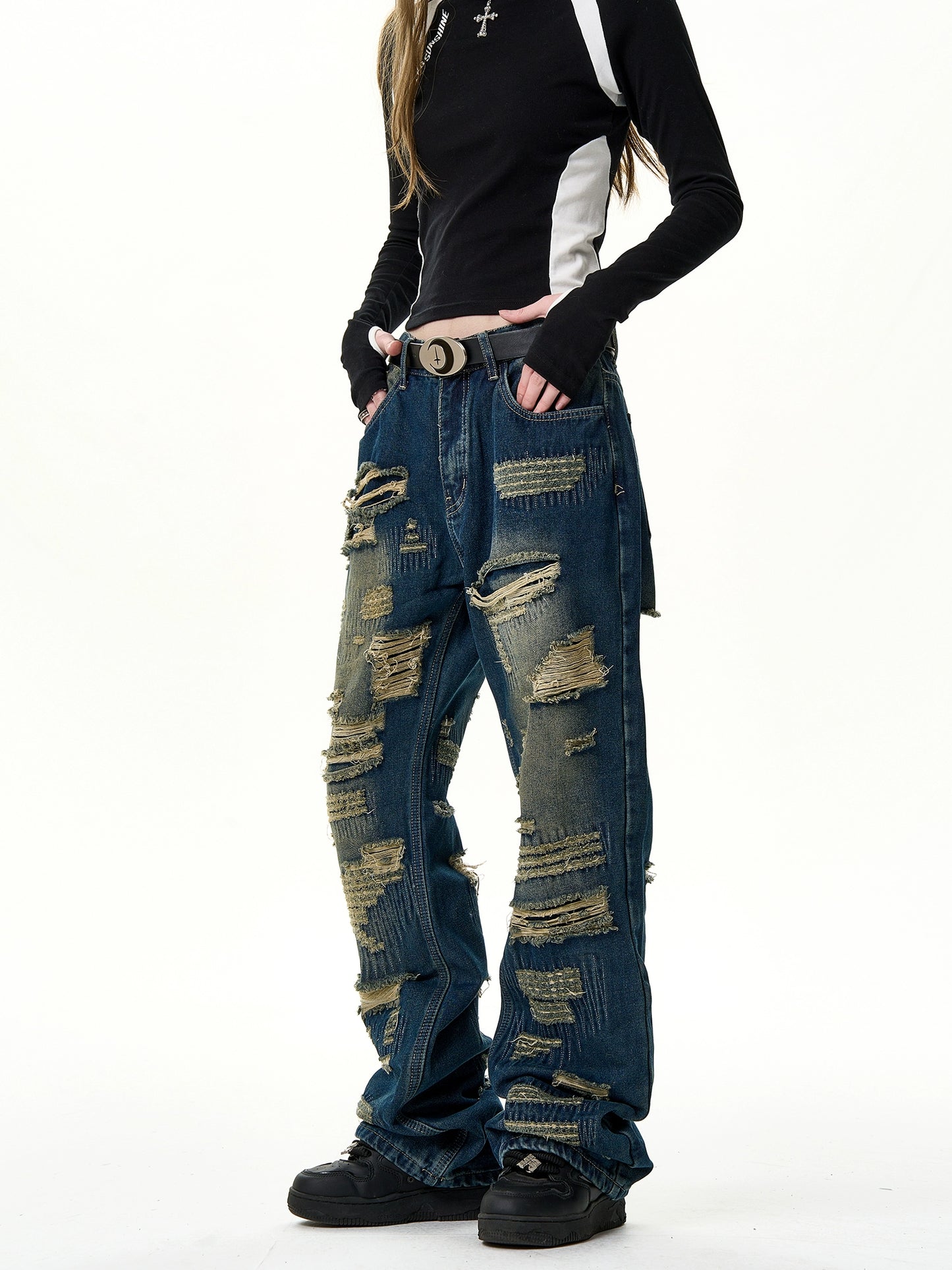 Damaged Straight Denim Jeans NA2989