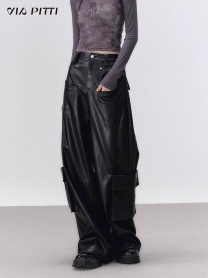 PU Leather Wide-Leg Straight Cargo Pants NA4754