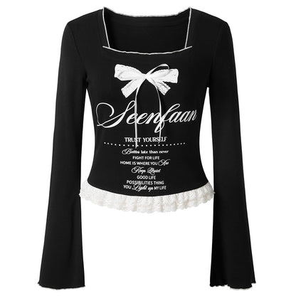 Square-Neck Bow Design Long Sleeve T-Shirt NA6944