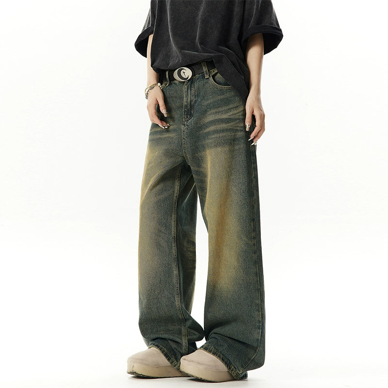 Washed Yellow Mud Dyed Wide Leg Denim Jeans NA3009