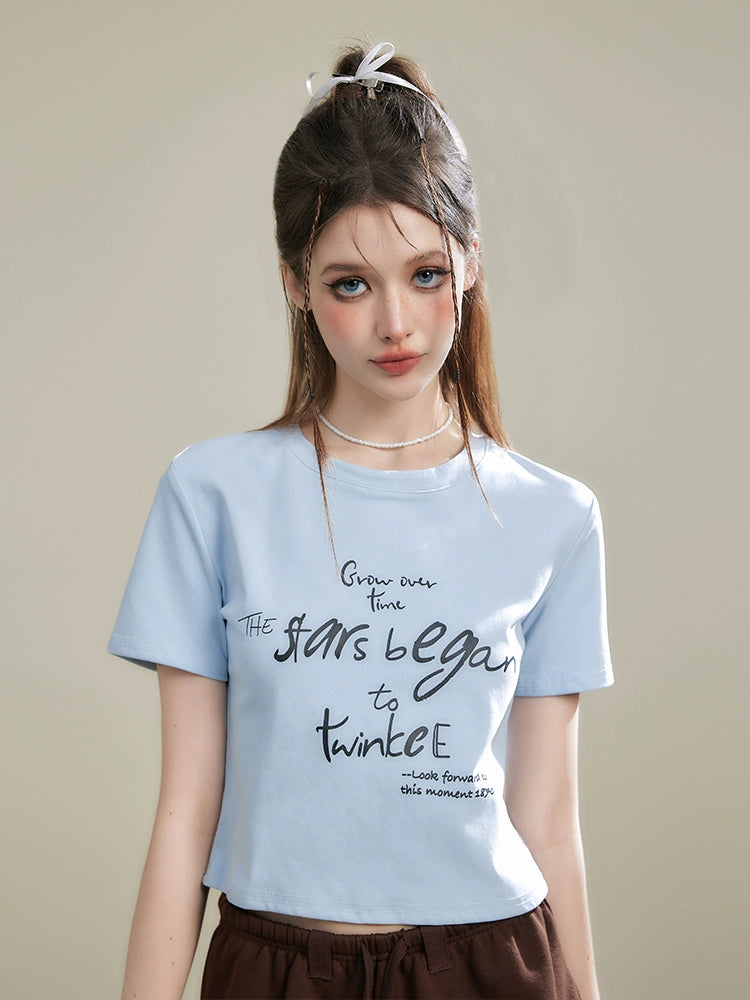 Letter Print Round Neck Short Sleeve T-shirt NA3328