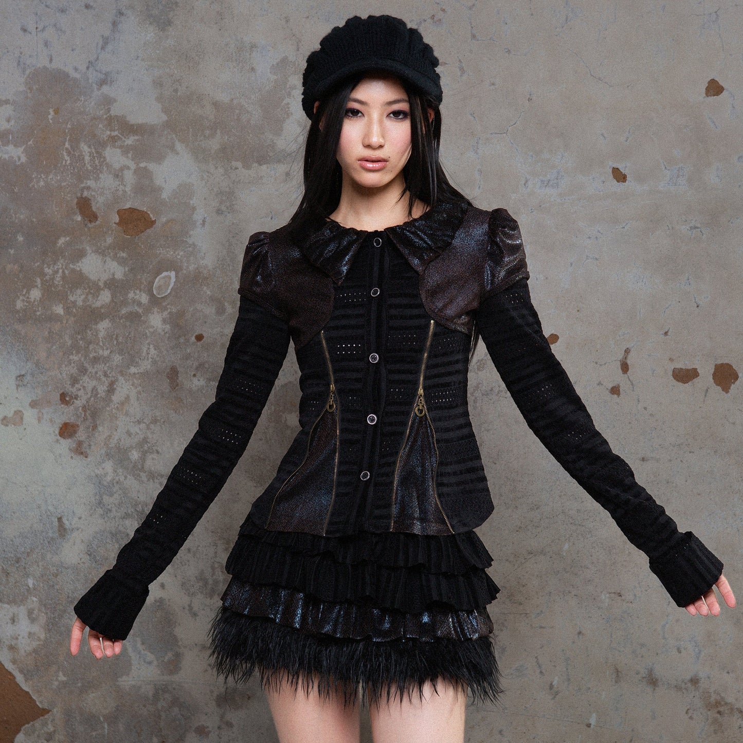 Puff Collar Fitted Long Sleeve Shirt NA8349