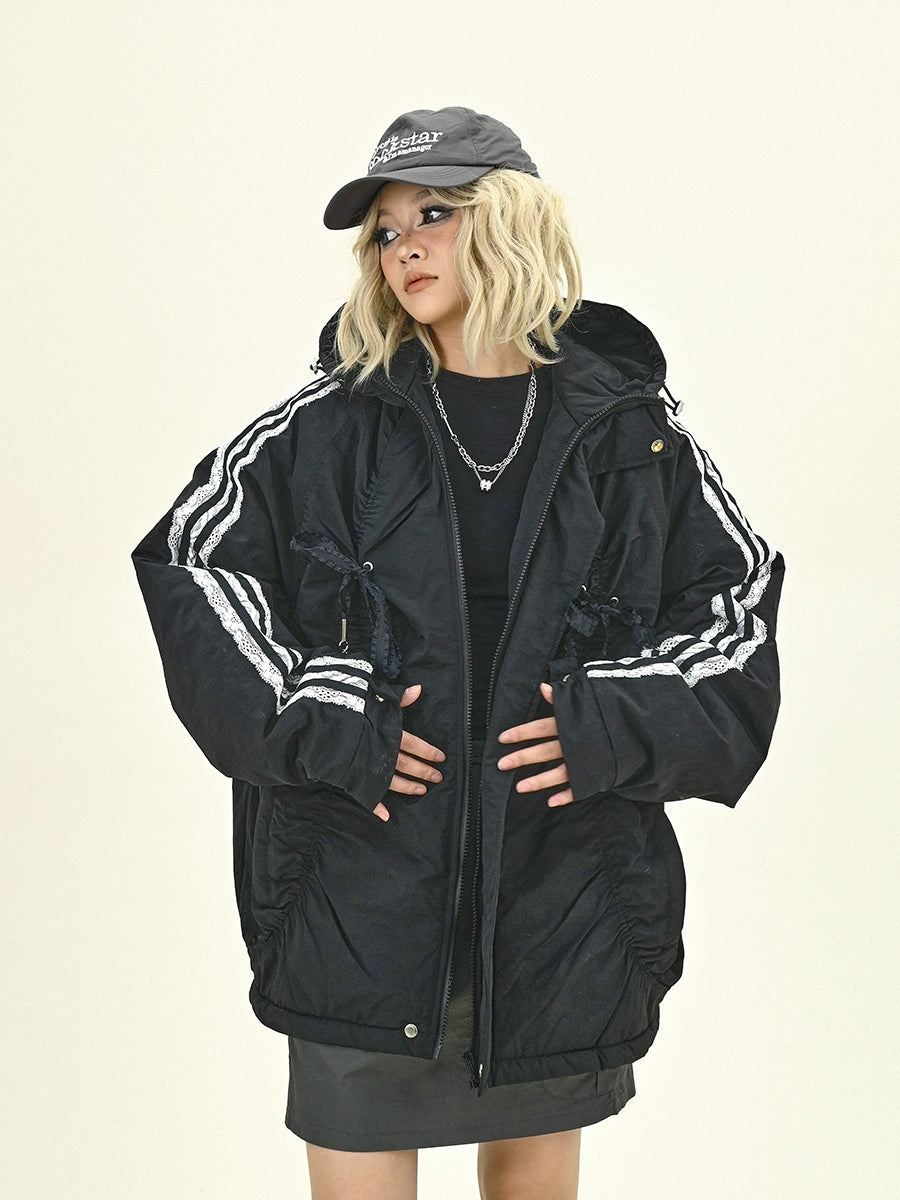 Side Stripe Bow Design Hooded Puffer Jacket NA6198