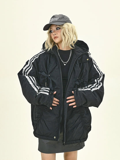 Side Stripe Bow Design Hooded Puffer Jacket NA6198