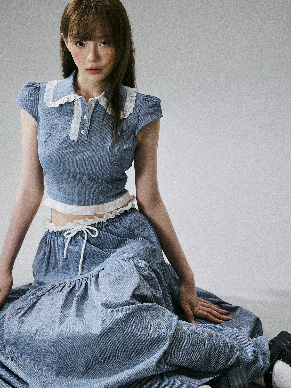 Lace-Trim Short Sleeve Shirt & Drawstring Skirt Setup NA8856