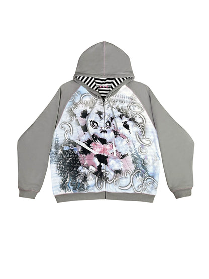 Rabbit Print Oversize Zipper Hoodie NA6608