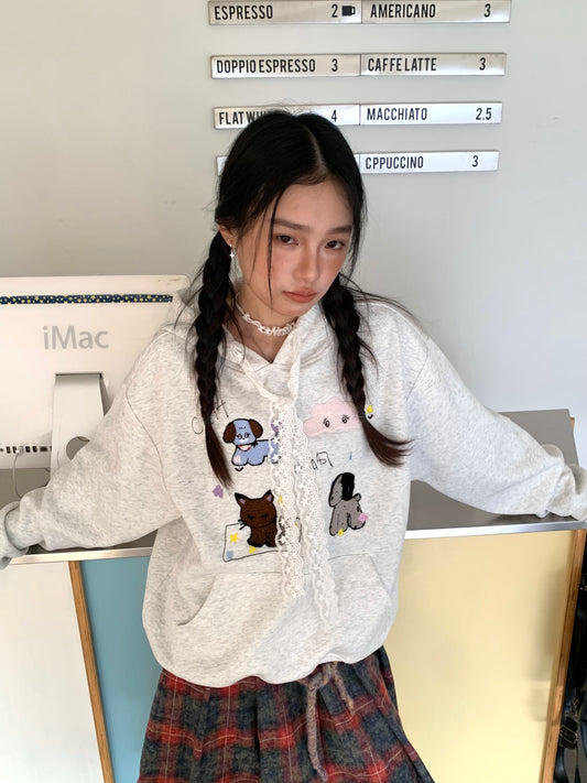 Lace Embroidery Dog Print Oversize Pullover Hoodie NA9270
