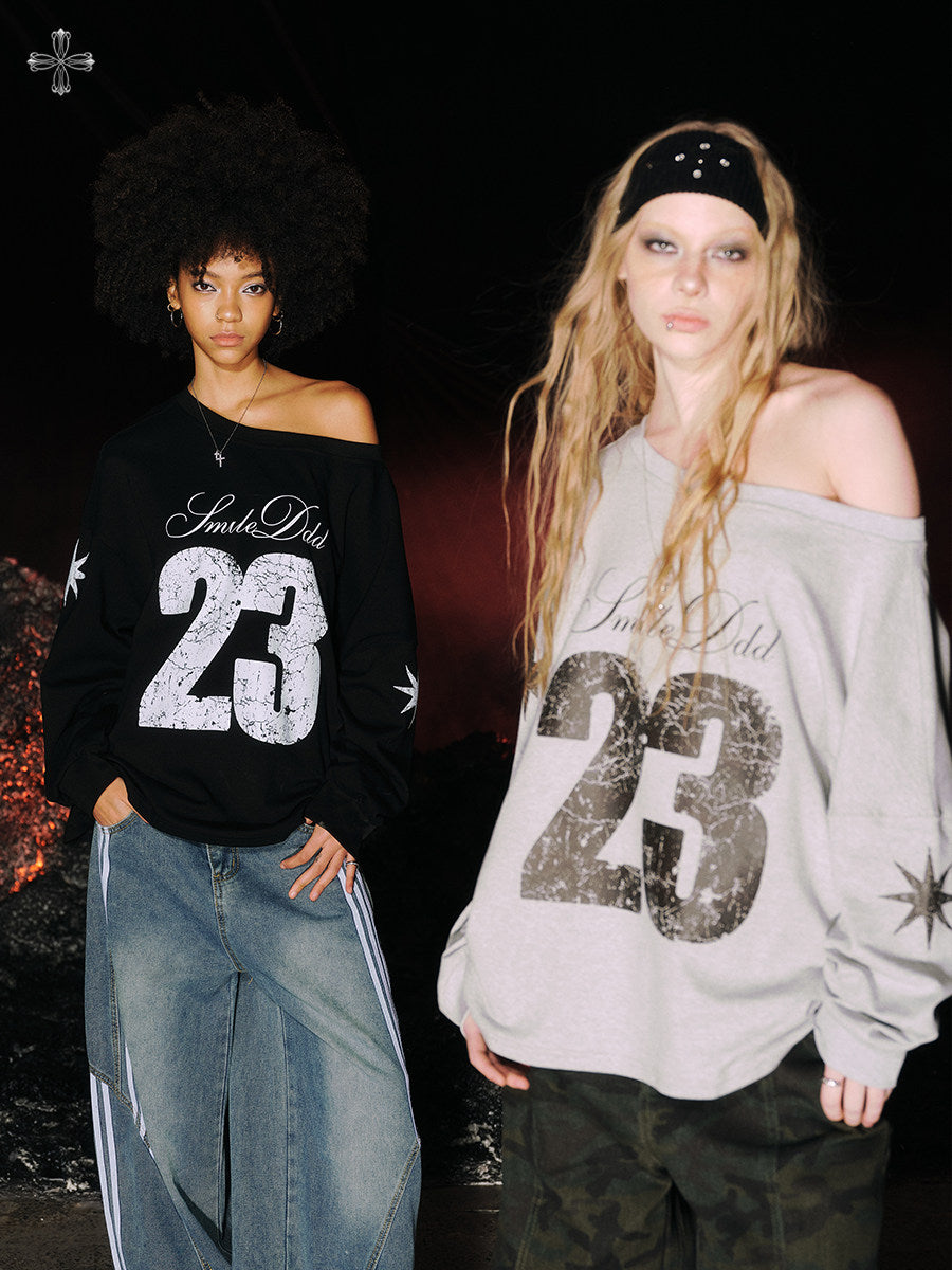 Number Print Off-Shoulder Long Sleeve T-Shirt NA8931