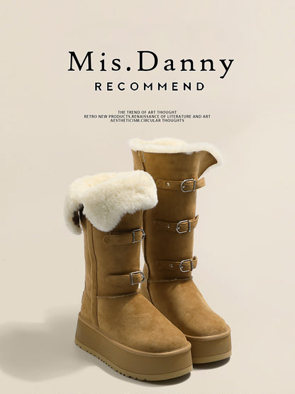 Fur Trim Metal Buckle Platform Knee-High Boots NA8762