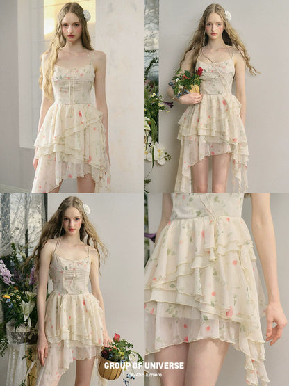 Irregular Hem Length Rose Print Hanging Neck Strap Dress NA5929